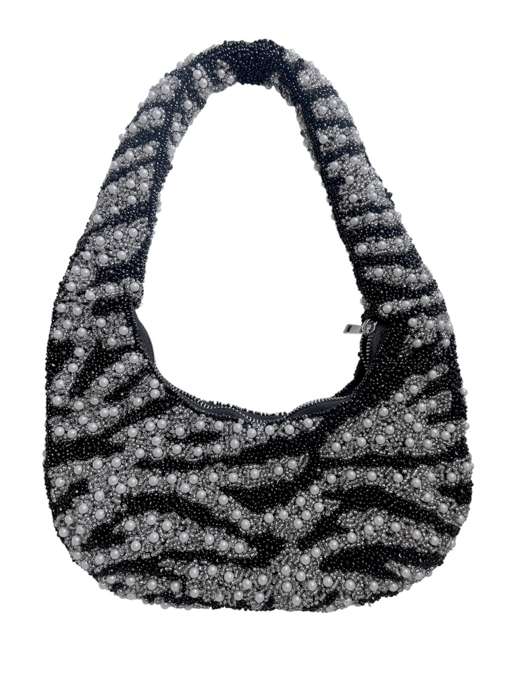 Beaded Cream Black Zebra Crystal Pearl Embellished Evening Satchel Made in India